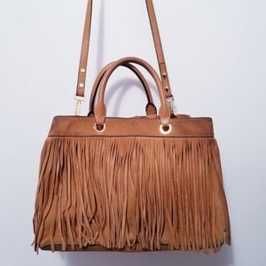 MILLY Brown Fringed Leather Crossbody Bag Handbag